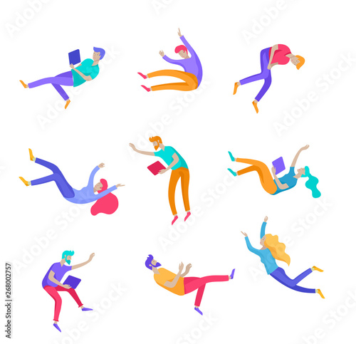 Inspired People flying in space and interacting with gadgets and papers. Characters set moving and floating in dreams, imagination and inspiration. Flat design style, vector illustration.