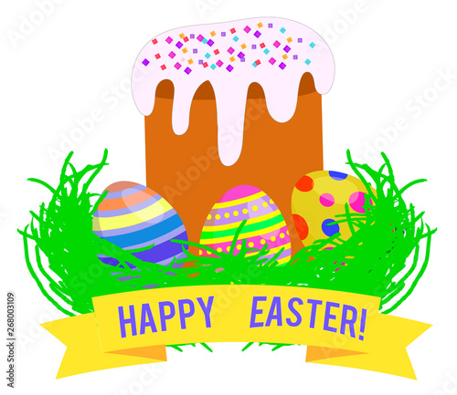 Easter kulich, painted eggs in the grass
