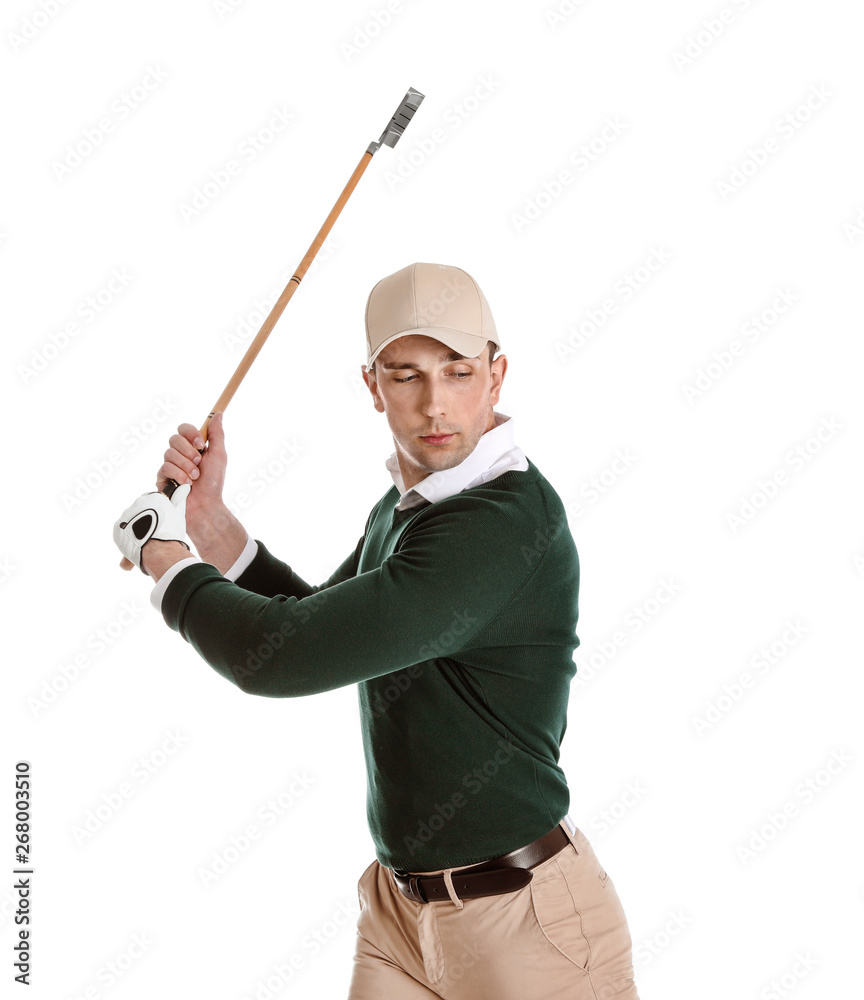 Young man playing golf on white background Young man playing golf on white background