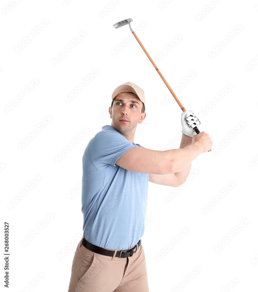 Young man playing golf on white background Young man playing golf on white background
