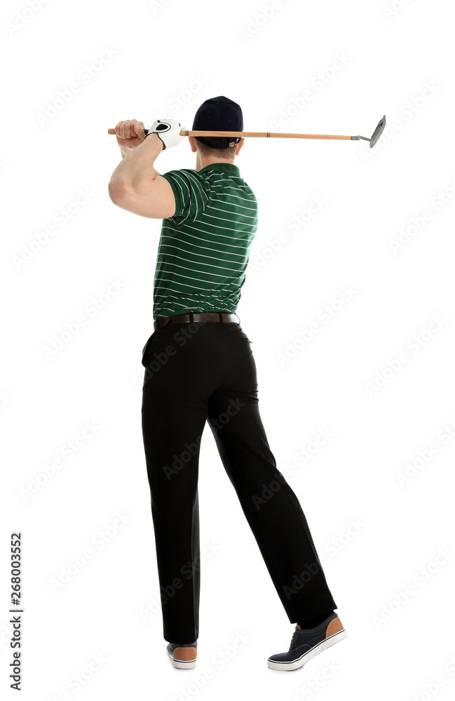 Young man playing golf on white background Young man playing golf on white background