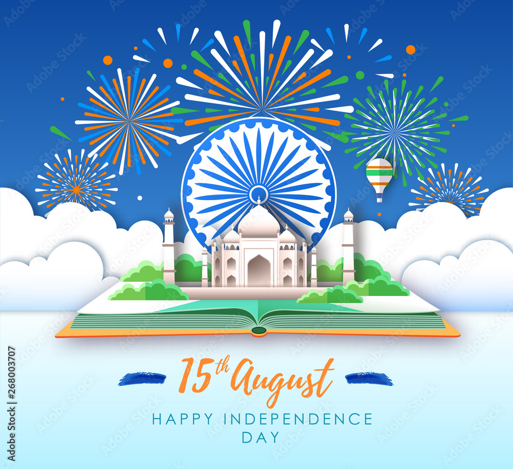 Independence day of India. Open book with Taj Mahal and holiday firework. Cut out paper art style design
