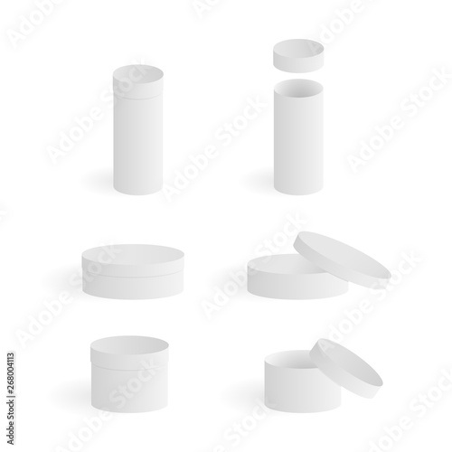 Set of empty round boxes isolated on white background. Isometric cardboard gift boxes collection