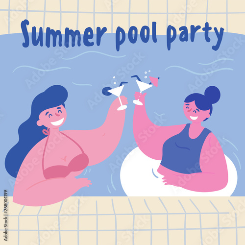 Summer pool party. Women with alcohol coktails in the swimming pool. Two young girls in bikini, swimsuit and inflatable circle are drinking in the water.  Two friends at vacation.  Flat cartoon style