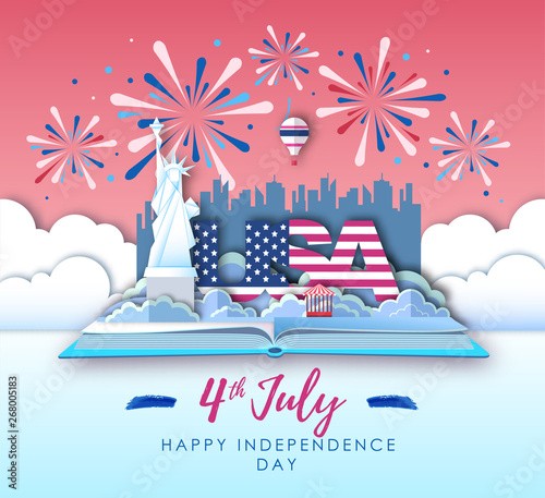 Vector illustration of America Independence day with holiday firework. Cut out paper art style design
