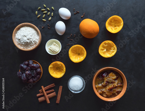 Ingredients for a pie with dates are laid out 