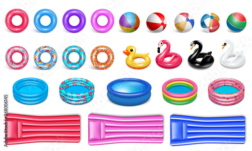 Equipment for the pool. Realistic style. Set of rubber icons for water sports and recreation. Circles, birds, pools, rubber bed. Isolated on a white background. Vector.