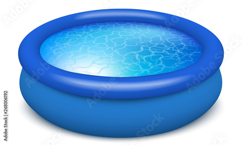 Rubber portable pool. Filled with azure clear water. For swimming, fun in the fresh air. Realistic image icon. On white background isolated. Vector.
