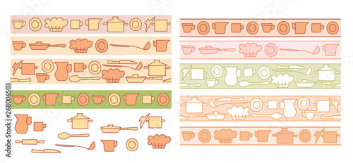 colorful kitchenware on light backgrounds - vector seamless horizontal borders © olenadesign