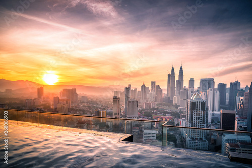 Photography Cityscape of Kuala lumpur city skyline with swimming pool on the roof top of hotel at sunrise in Malaysia