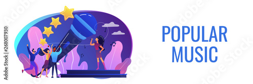 Famous pop singer near huge microphone singing and tiny people dancing at concert. Popular music, pop music industry, top chart artist concept. Header or footer banner template with copy space.