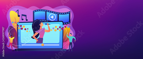 Huge laptop with famous singer performing on screen and tiny people dancing. Music video, official music video, video clip production concept. Header or footer banner template with copy space.
