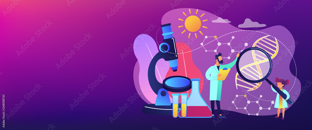 A girl with magnifier and scientist carry out an experiment, tiny people. Kids Science camp, young scientists lessons, kids laboratory tests concept. Header or footer banner template with copy space. A girl with magnifier and scientist carry out an experiment, tiny people. Kids Science camp, young scientists lessons, kids laboratory tests concept. Header or footer banner template with copy space.