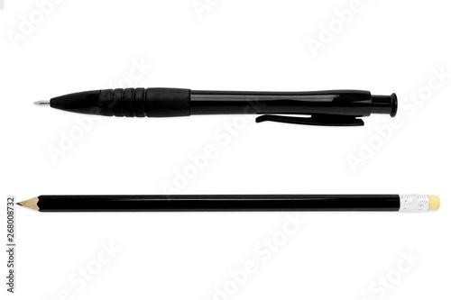 black pen and pencil, white background isolated