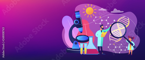 A girl with magnifier and scientist carry out an experiment, tiny people. Kids Science camp, young scientists lessons, kids laboratory tests concept. Header or footer banner template with copy space. © Visual Generation
