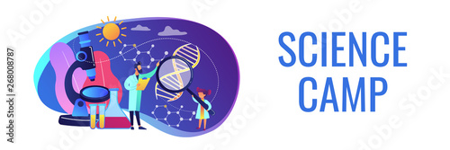 A girl with magnifier and scientist carry out an experiment, tiny people. Kids Science camp, young scientists lessons, kids laboratory tests concept. Header or footer banner template with copy space.