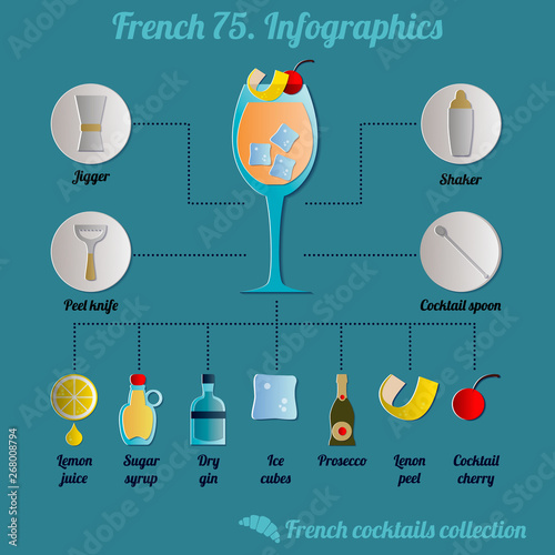 French 75 cocktail infographics. Illustration of the recipe and cooking process