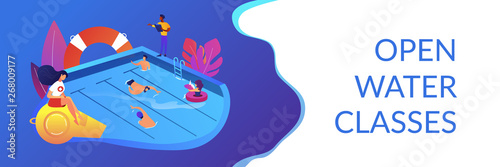 Tiny adult people swimming in the pool, coach and lifeguard. Swimming and lifesaving classes, swimming for adults, open water classes concept. Header or footer banner template with copy space.