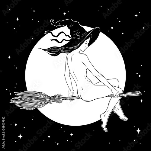 Beautiful witch girl riding broom hand drawn line art vector illustration. Boho chic tattoo, poster, tapestry or altar veil print design vector illustration.