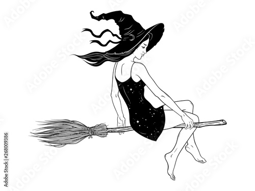 Beautiful witch girl riding broom hand drawn line art vector illustration. Boho chic tattoo, poster, tapestry or altar veil print design vector illustration.