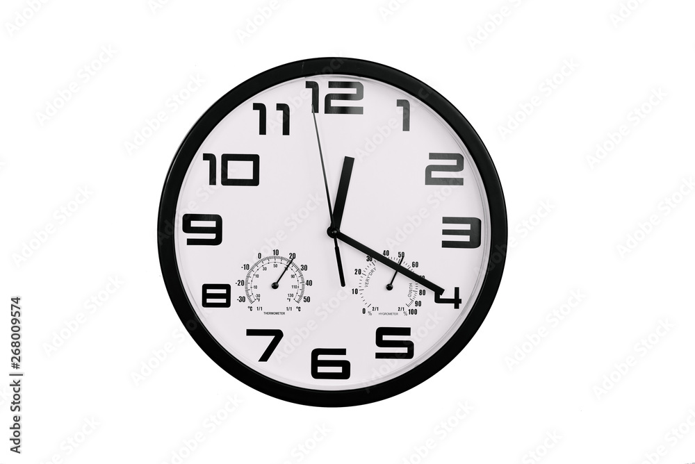 simple classic black and white round wall clock isolated on white. Clock with arabic numerals on wall shows 12:20 , 00:20 simple classic black and white round wall clock isolated on white. Clock with arabic numerals on wall shows 12:20 , 00:20