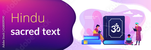 Indian family in traditional clothes reading Hindu texts, tiny people. The Vedas, Books of Knowledge, Hindu sacred text and Hinduism beliefs concept. Header or footer banner template with copy space.