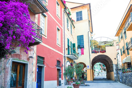 Fototapeta Naklejka Na Ścianę i Meble -  Old beautiful empty narrow streets in small city of Monterosso
