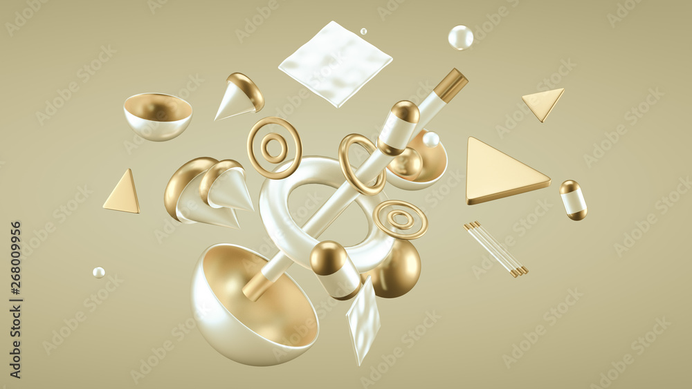 Yellow abstract minimalism background with flying objects and shapes. 3d illustration, 3d rendering.