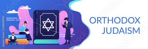 Jews in national costumes reading about religion, Torah, tiny people. Torah Judaism holy book, Jewish Beliefs on Jesus, orthodox Judaism concept. Header or footer banner template with copy space.