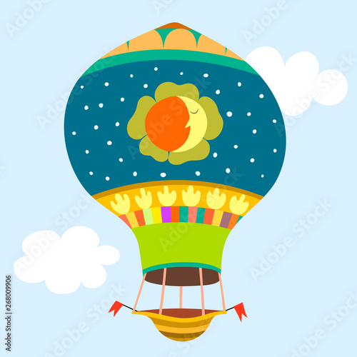 Funny bright hot air ballon with clouds. Vector card. Imagination concept.