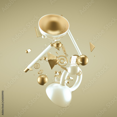 Yellow abstract minimalism background with flying objects and shapes. 3d illustration, 3d rendering.