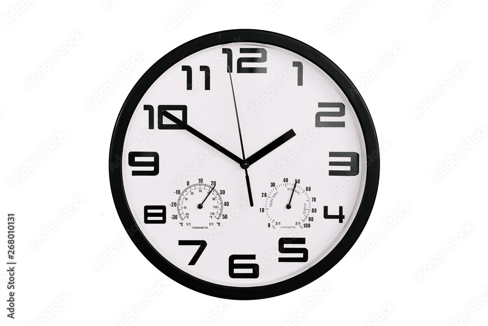 simple classic black and white round wall clock isolated on white. Clock with arabic numerals on wall shows 13:50 , 1:50 simple classic black and white round wall clock isolated on white. Clock with arabic numerals on wall shows 13:50 , 1:50