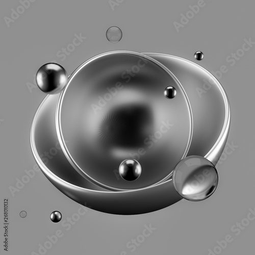 Abstract gray background with balls, metal, gold. 3d illustration, 3d rendering.