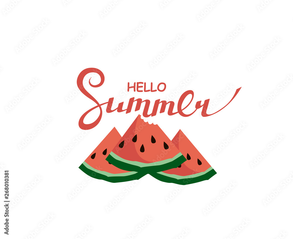emblem of hello summer lettering with watermelon isolated on white background emblem of hello summer lettering with watermelon isolated on white background