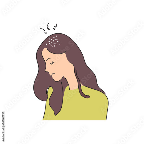 Fungal skin diseases, dermatology. Dandruff problem on the head. The girl is sad because of a chronic disease. Vector illustration in style. Medical poster
