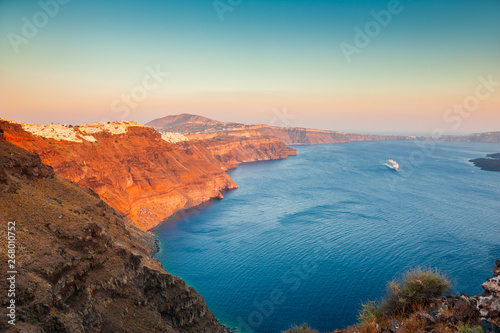 Beautiful sunset on Santorini island  Greece. Famous travel destination. Summer landscape  sea view