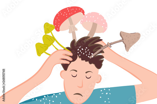 Ironic poster of dandruff problem on the head. Mushrooms and toadstools in the mind of a person due to dermatological diseases. Vector illustration for medical banner