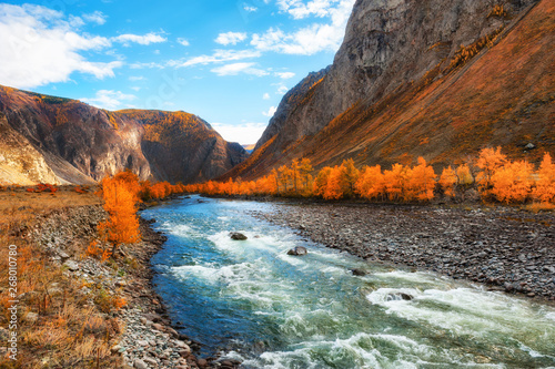 Chulyshman river valley, Altai mountains, Siberia, Russia. Autumn landscape at sunset