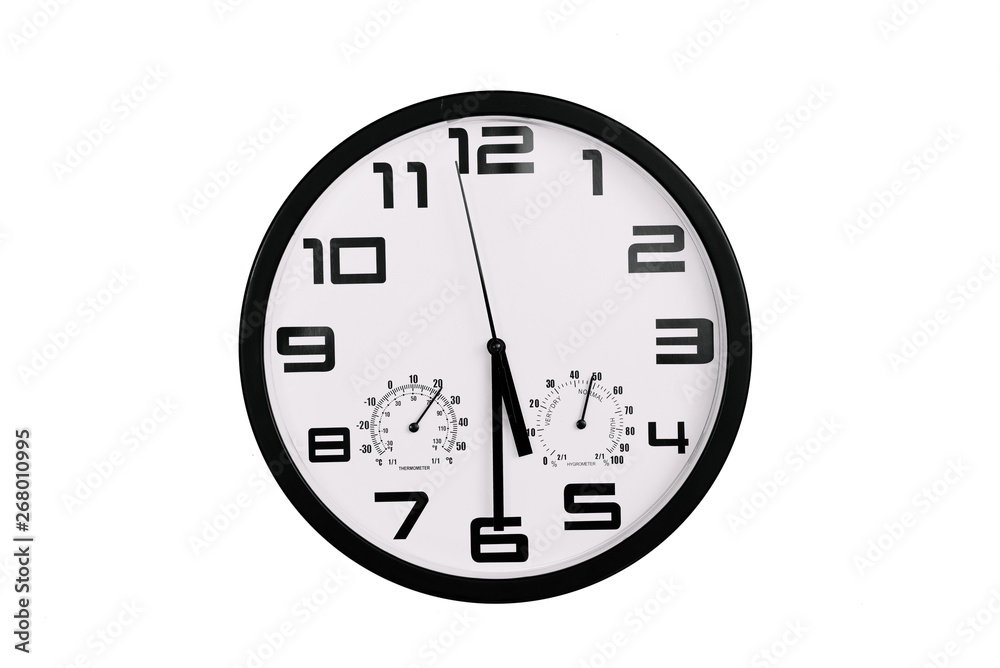simple classic black and white round wall clock isolated on white. Clock with arabic numerals on wall shows 17:30 , 5:30 simple classic black and white round wall clock isolated on white. Clock with arabic numerals on wall shows 17:30 , 5:30