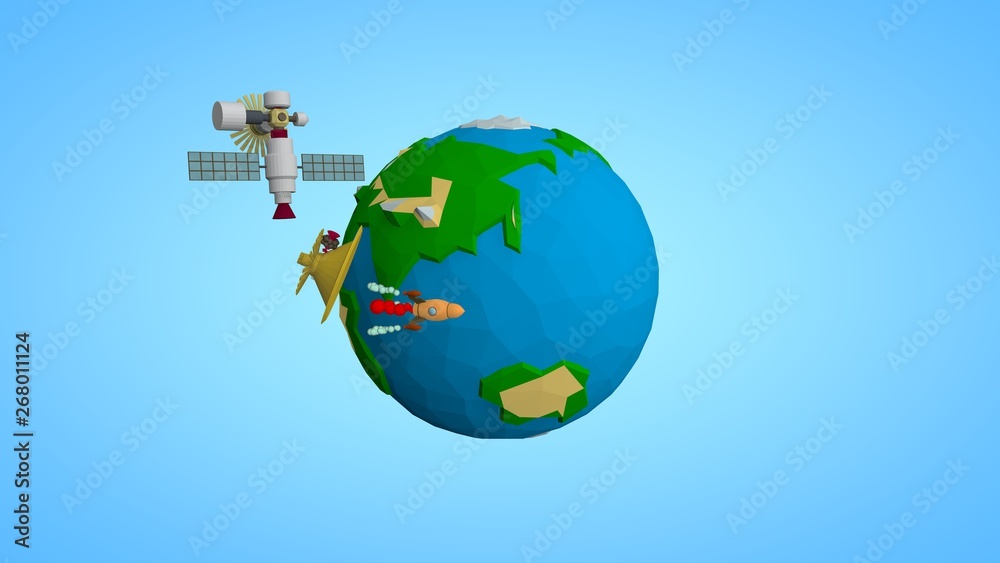 Naklejka premium Image of the planet Earth and a space satellite, the ISS orbital station, and a space rocket flying to Mars reusable. The idea of space development and space exploration. Low poly style.