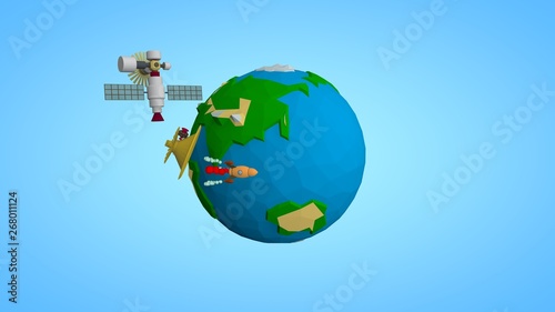 Image of the planet Earth and a space satellite  the ISS orbital station  and a space rocket flying to Mars reusable. The idea of space development and space exploration. Low poly style.