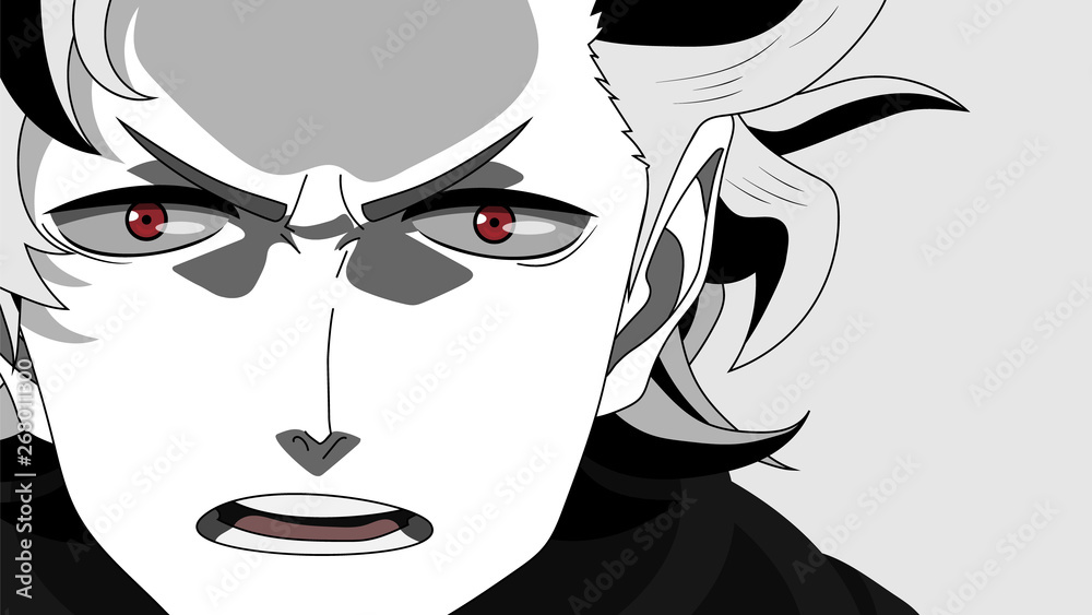 Fototapeta Anime face with red eyes from cartoon. Banner for anime, manga. Vector illustration