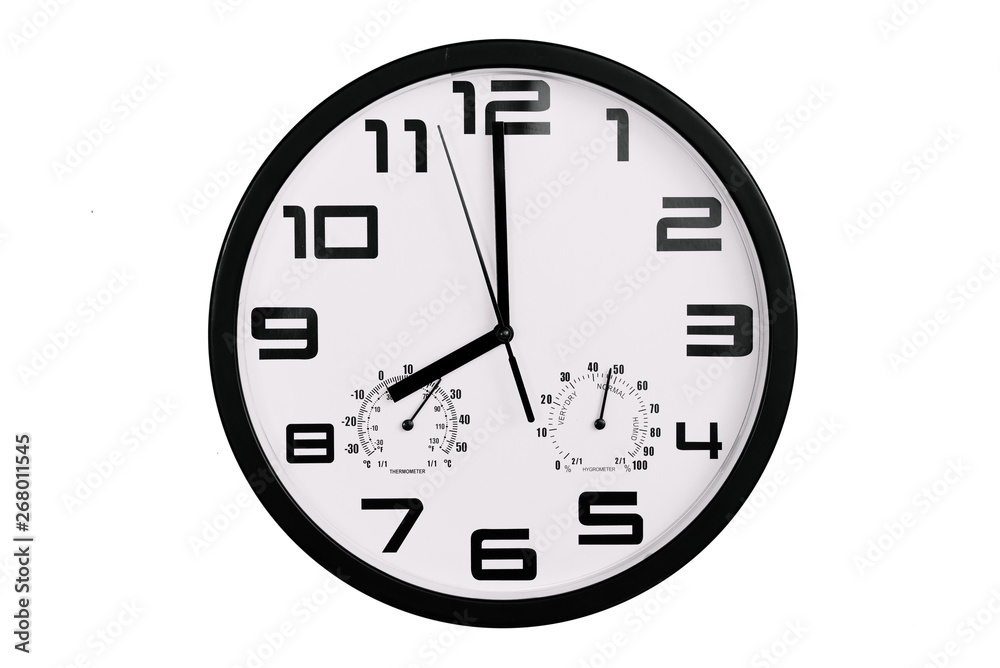 simple classic black and white round wall clock isolated on white. Clock with arabic numerals on wall shows 20:00 , 8:00 simple classic black and white round wall clock isolated on white. Clock with arabic numerals on wall shows 20:00 , 8:00