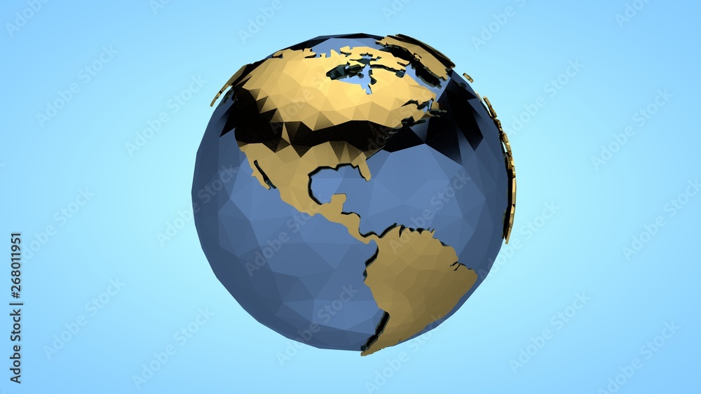 Naklejka premium Polygonal illustration of planet earth in the style of low poly. Continents and oceans of gold and metal. The idea of ecology, environmental protection.