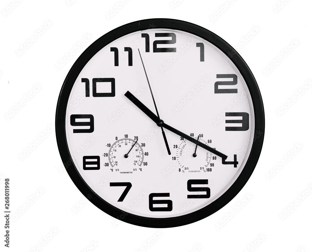 simple classic black and white round wall clock isolated on white. Clock with arabic numerals on wall shows 10:20 , 22:20 simple classic black and white round wall clock isolated on white. Clock with arabic numerals on wall shows 10:20 , 22:20