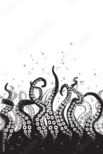 Octopus tentacles curl and intertwined hand drawn black and white line art background or print design vetor illustration. photo