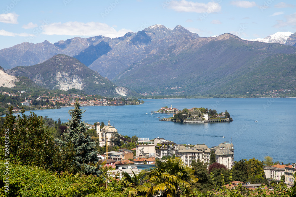 Scenic view of beautiful Lago Maggiore lake and mountains in Stresa Italy Europe.- Image