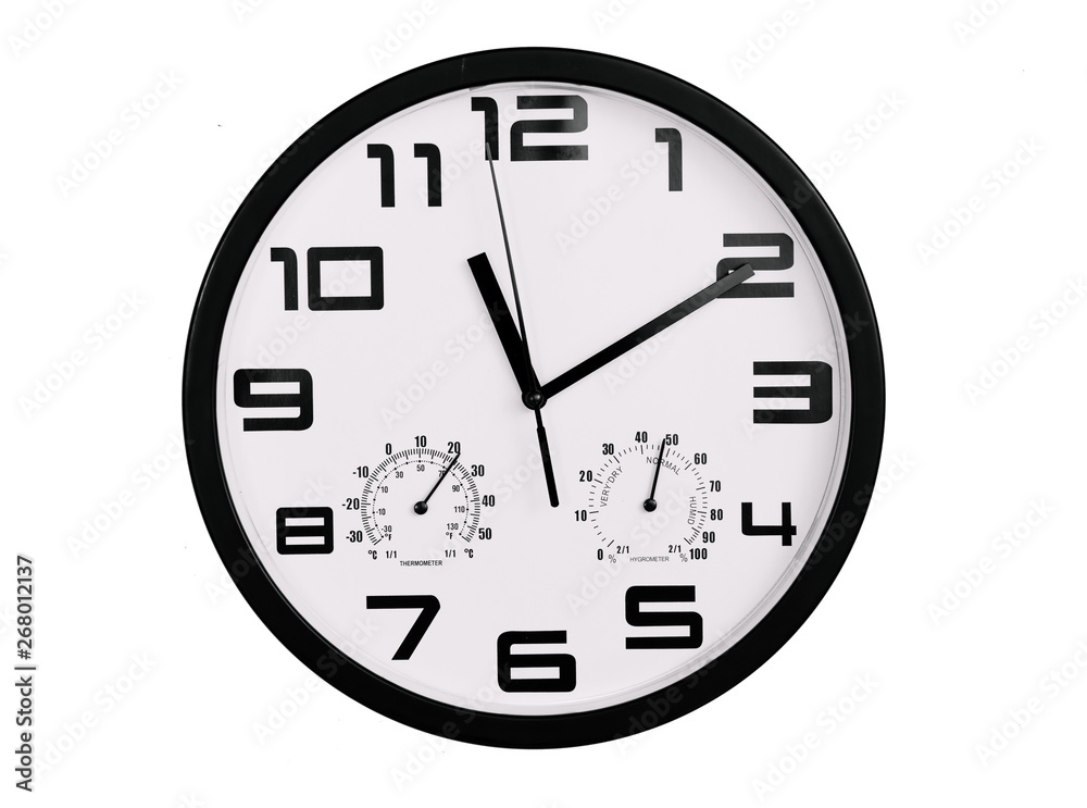 simple classic black and white round wall clock isolated on white. Clock with arabic numerals on wall shows 11:10 , 23:10 simple classic black and white round wall clock isolated on white. Clock with arabic numerals on wall shows 11:10 , 23:10
