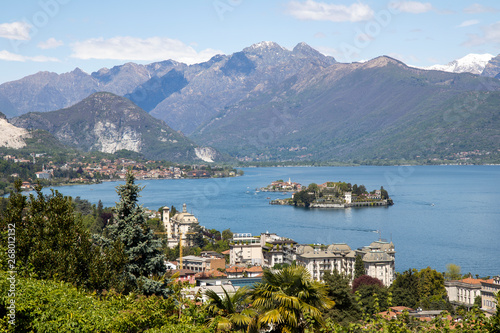 Scenic view of beautiful Lago Maggiore lake and mountains in Stresa Italy Europe.- Image