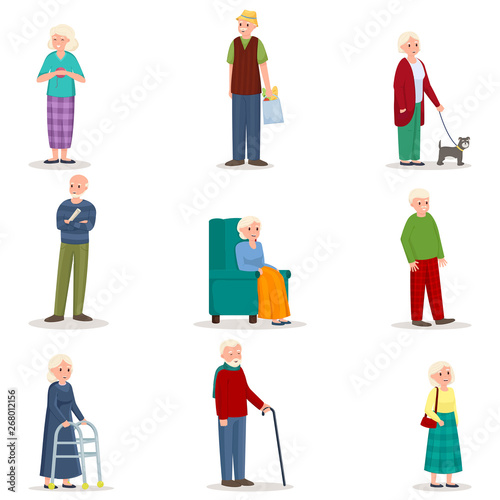 Set of old senior woman and man in different action